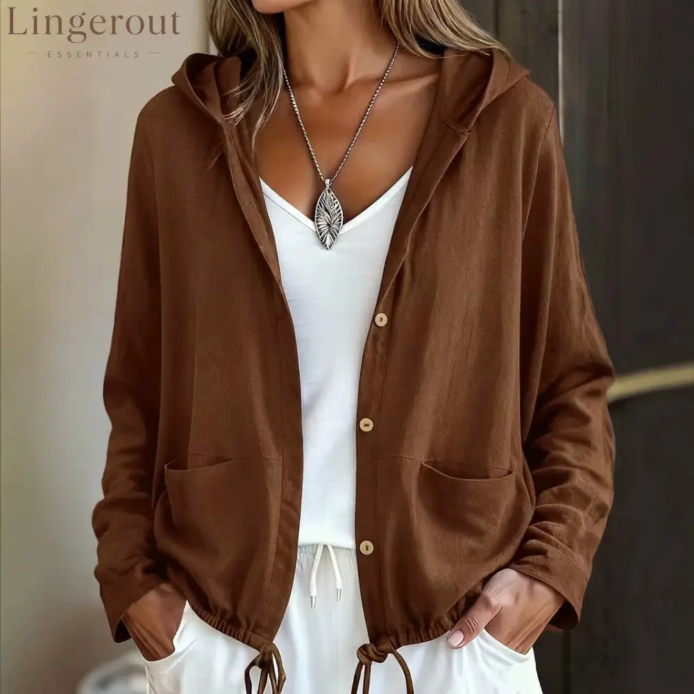 Lightweight Hooded Button Jacket – Soft Casual Layering Piece - Brown / S