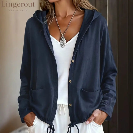 Lightweight Hooded Button Jacket – Soft Casual Layering Piece - Navy / S