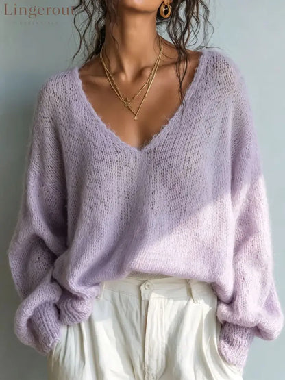 Lightweight Knit V-Neck Relaxed Sweater - Light purple / S