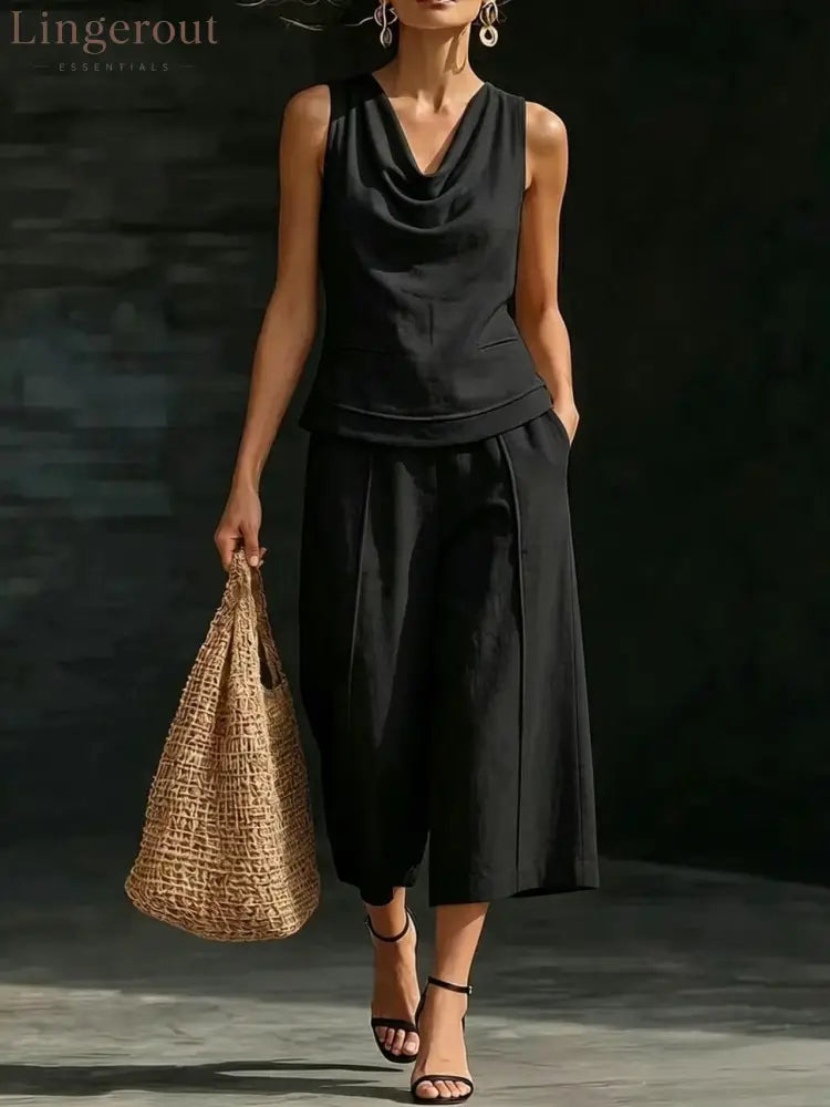 Linen 2-Piece Sleeveless Outfit - Black / S