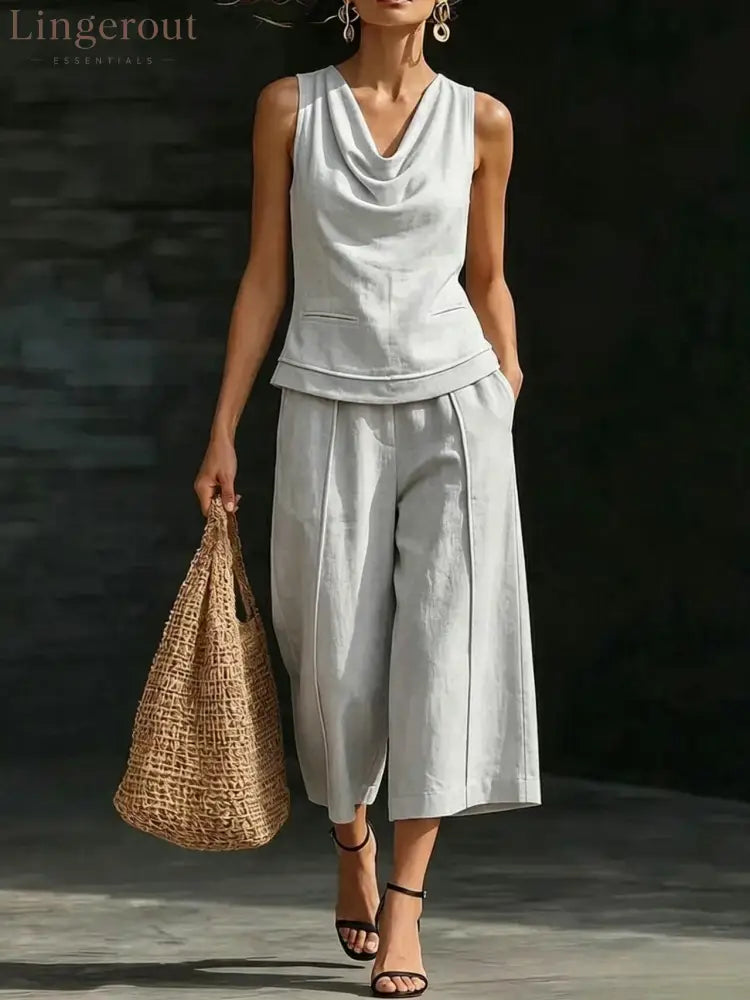 Linen 2-Piece Sleeveless Outfit - Grey / S