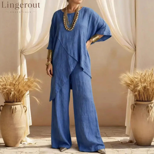 Linen Asymmetric Overlap Top & Wide Leg Pants Two Piece Set