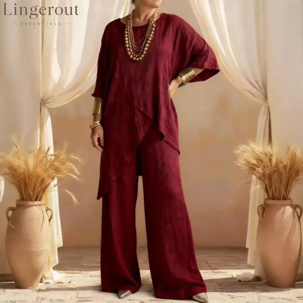 Linen Asymmetric Overlap Top & Wide Leg Pants Two Piece Set