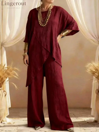 Linen Asymmetric Overlap Top & Wide Leg Pants Two Piece Set - Claret / S