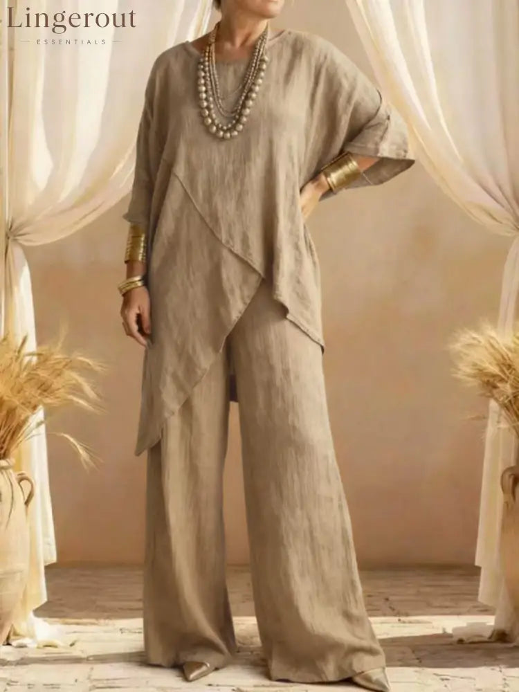 Linen Asymmetric Overlap Top & Wide Leg Pants Two Piece Set - Khaki / S