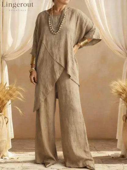Linen Asymmetric Overlap Top & Wide Leg Pants Two Piece Set - Khaki / S