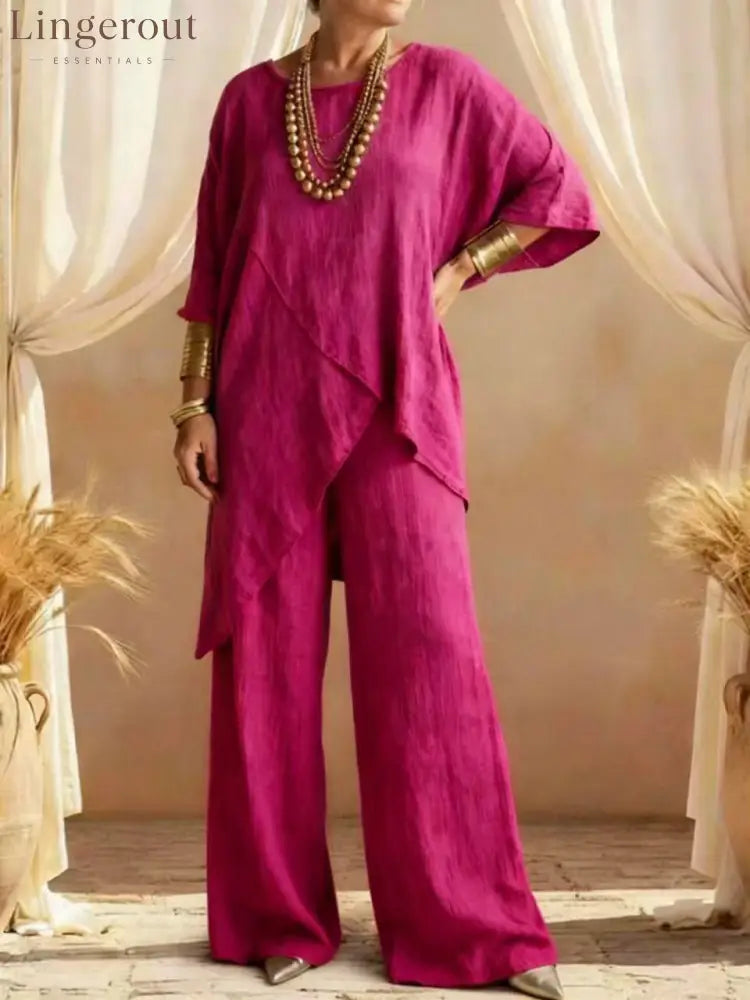 Linen Asymmetric Overlap Top & Wide Leg Pants Two Piece Set - Rose red / S