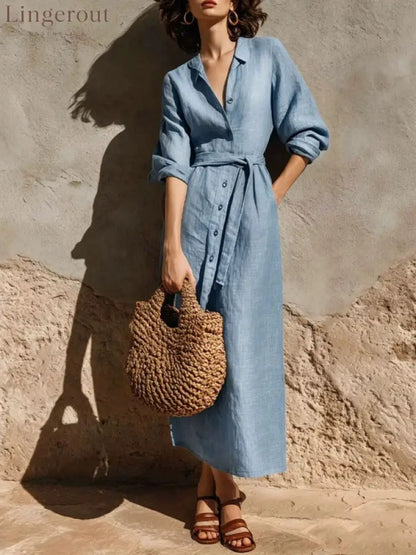 Linen‑Blend Belted Button‑Front Collared Midi Shirt Dress