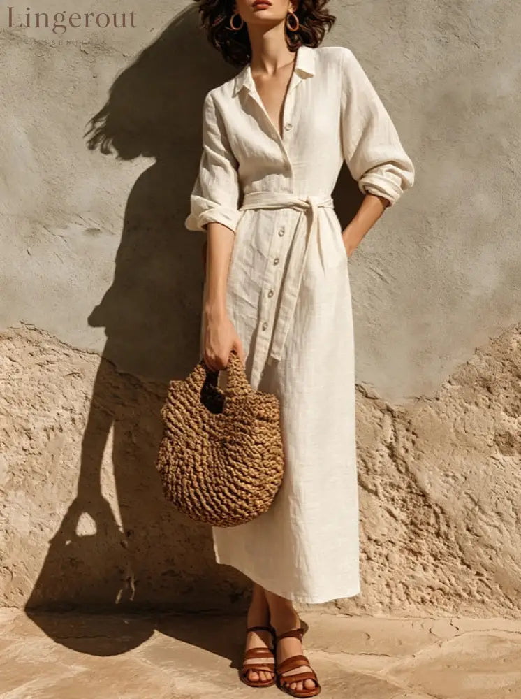 Linen‑Blend Belted Button‑Front Collared Midi Shirt Dress