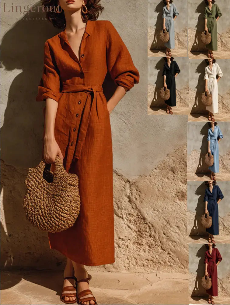 Linen‑Blend Belted Button‑Front Collared Midi Shirt Dress