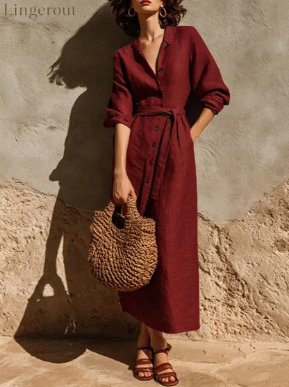 Linen‑Blend Belted Button‑Front Collared Midi Shirt Dress