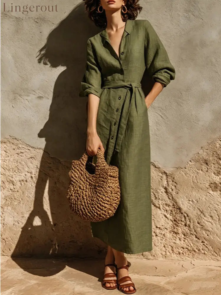 Linen‑Blend Belted Button‑Front Collared Midi Shirt Dress