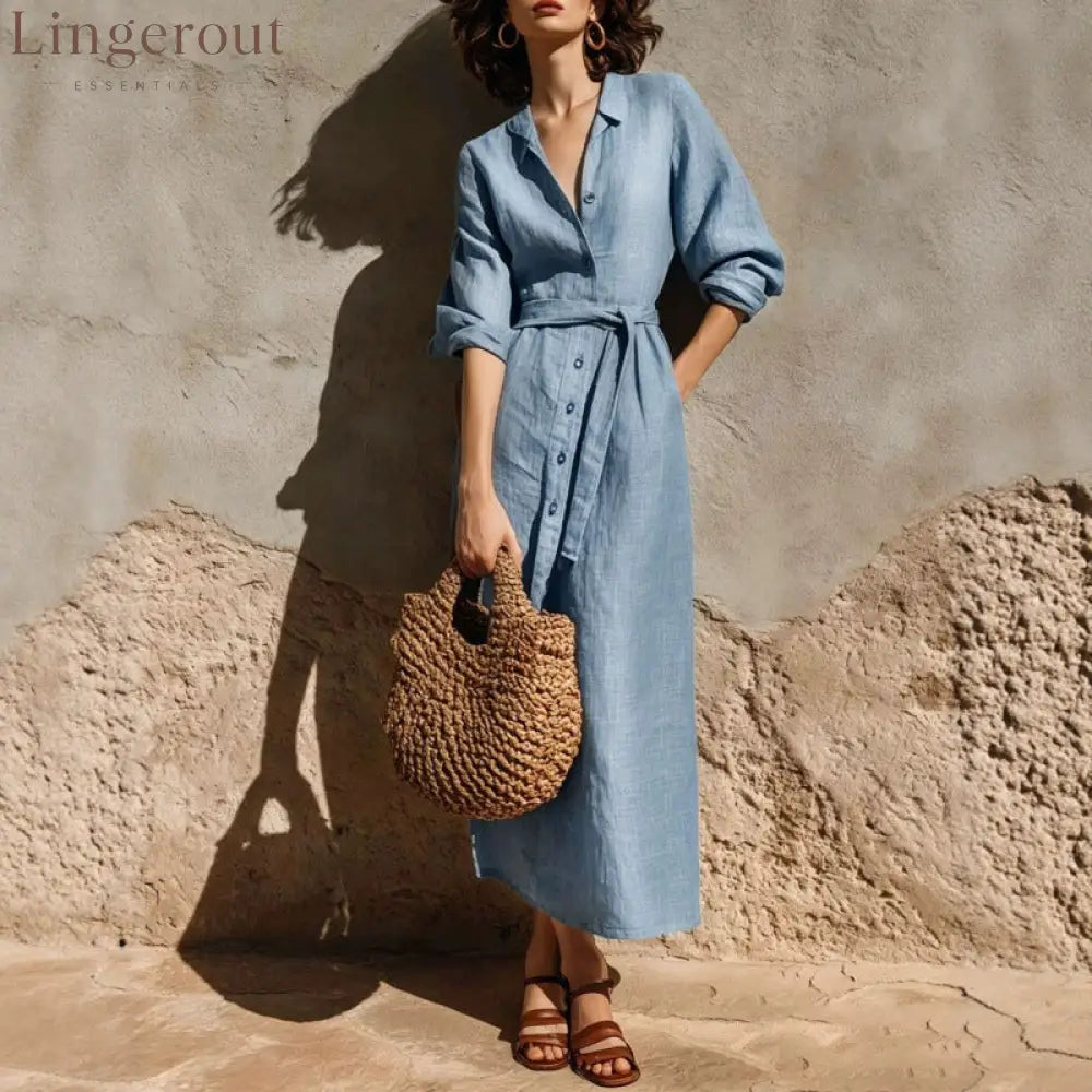 Linen‑Blend Belted Button‑Front Collared Midi Shirt Dress - Light Blue / S