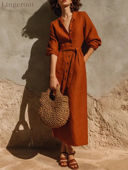 Linen‑Blend Belted Button‑Front Collared Midi Shirt Dress - Orange‑red / S