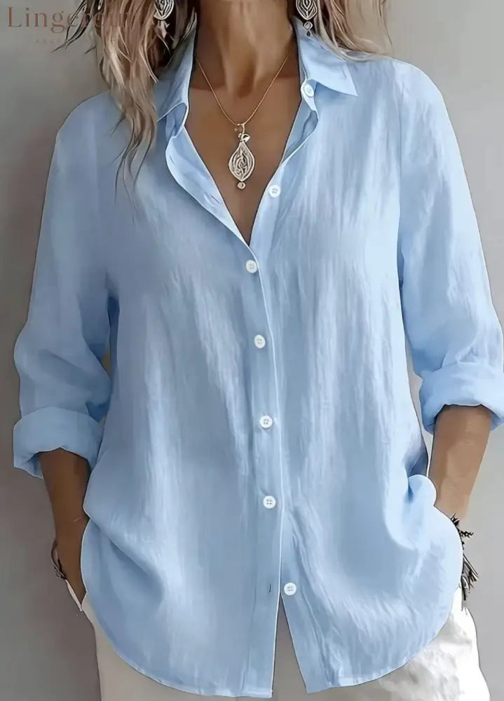 Linen Blend Button Front Casual Shirt - Blue / S
