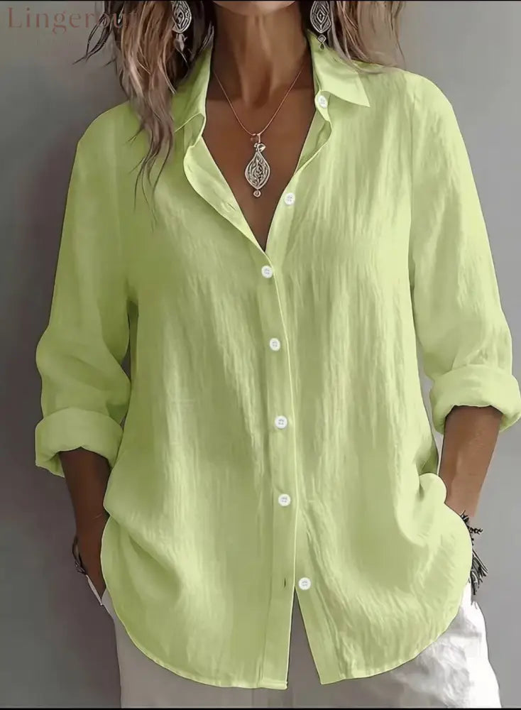 Linen Blend Button Front Casual Shirt - Green / S