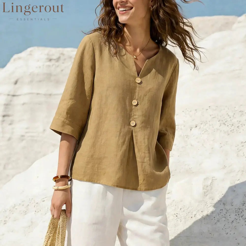 Linen-Blend Button-Front Top – Soft Textured 3/4 Sleeve Blouse