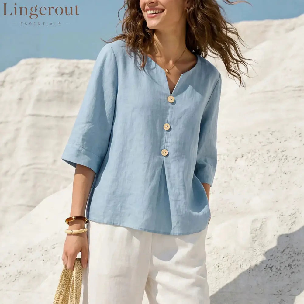 Linen-Blend Button-Front Top – Soft Textured 3/4 Sleeve Blouse