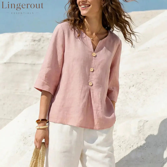 Linen-Blend Button-Front Top – Soft Textured 3/4 Sleeve Blouse