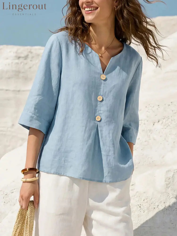 Linen-Blend Button-Front Top – Soft Textured 3/4 Sleeve Blouse - Sky blue / S