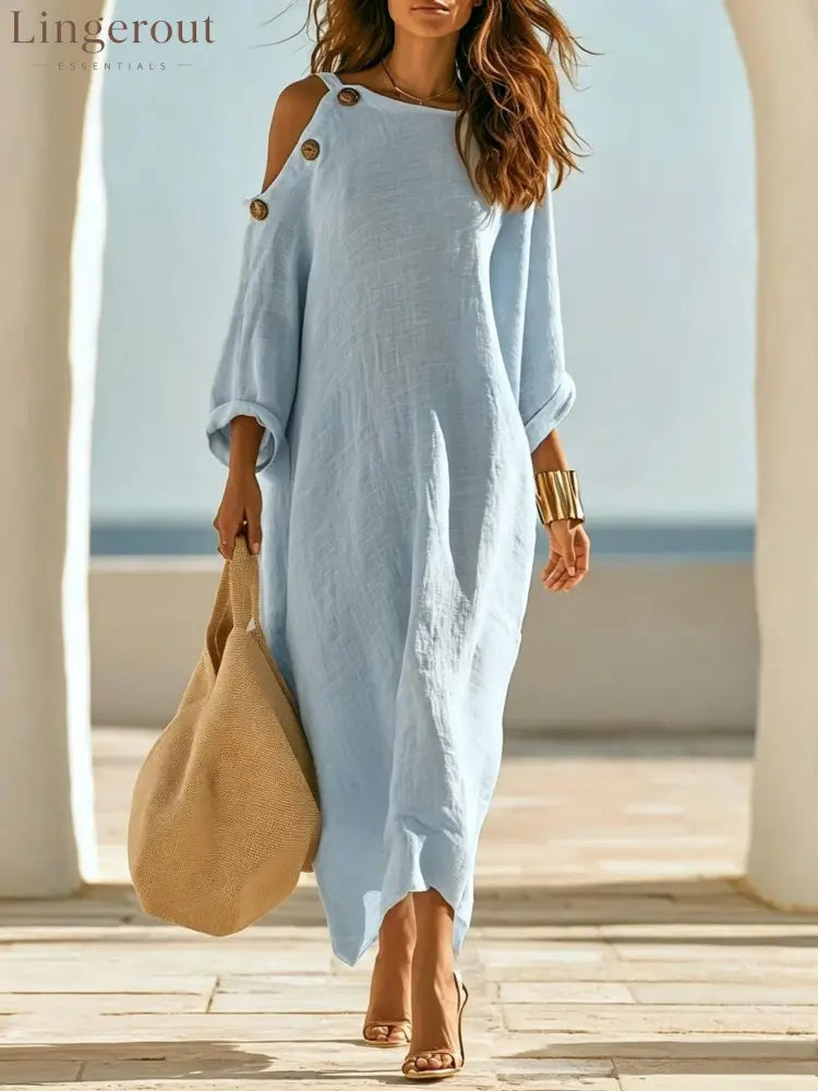 Linen‑Blend Cold‑Shoulder Button Detail Loose Maxi Dress
