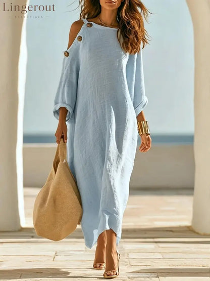Linen‑Blend Cold‑Shoulder Button Detail Loose Maxi Dress