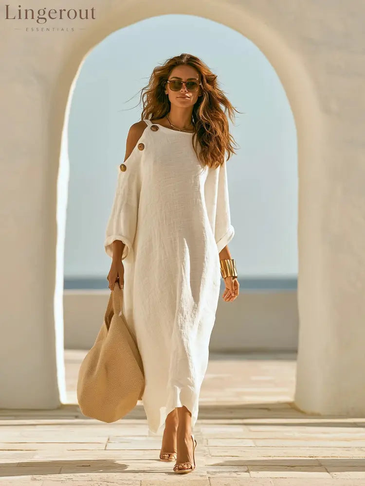Linen‑Blend Cold‑Shoulder Button Detail Loose Maxi Dress