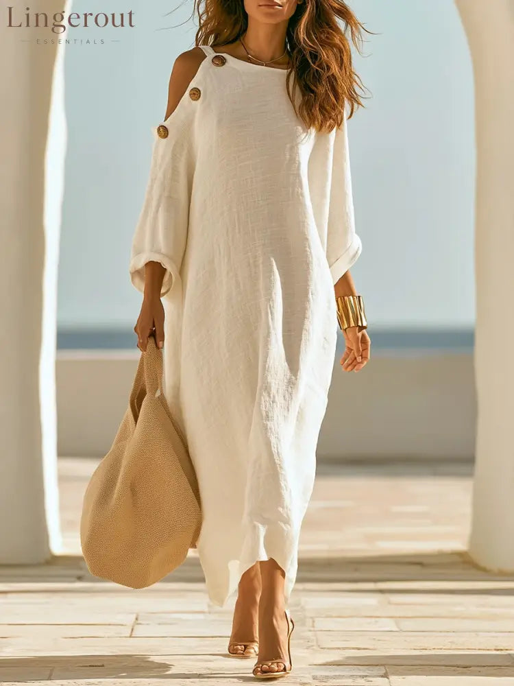 Linen‑Blend Cold‑Shoulder Button Detail Loose Maxi Dress