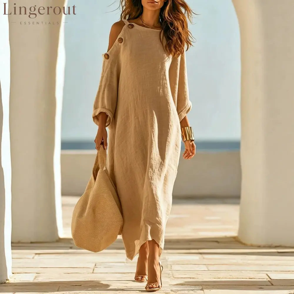 Linen‑Blend Cold‑Shoulder Button Detail Loose Maxi Dress - Khaki / S