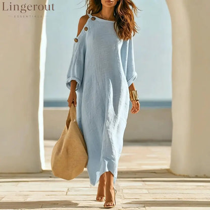 Linen‑Blend Cold‑Shoulder Button Detail Loose Maxi Dress - Light blue / S