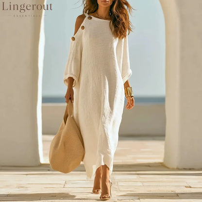 Linen‑Blend Cold‑Shoulder Button Detail Loose Maxi Dress - White / S