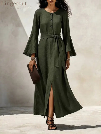 Linen‑Blend Flare‑Sleeve Maxi Dress - army green / S