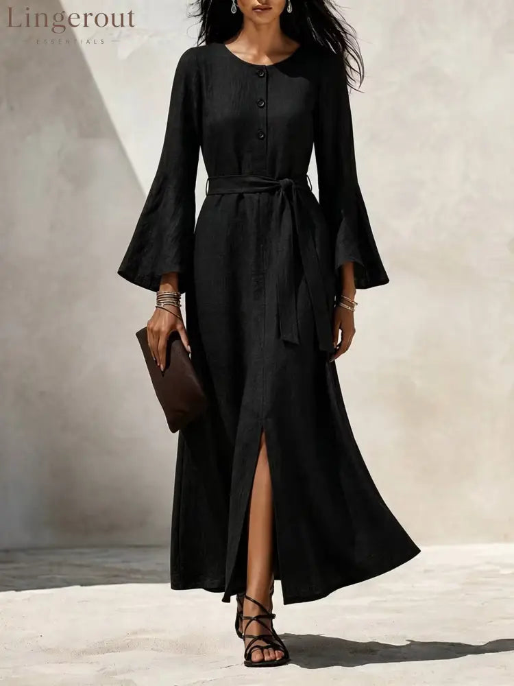 Linen‑Blend Flare‑Sleeve Maxi Dress - black / S