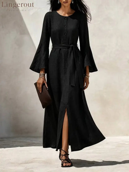 Linen‑Blend Flare‑Sleeve Maxi Dress - black / S