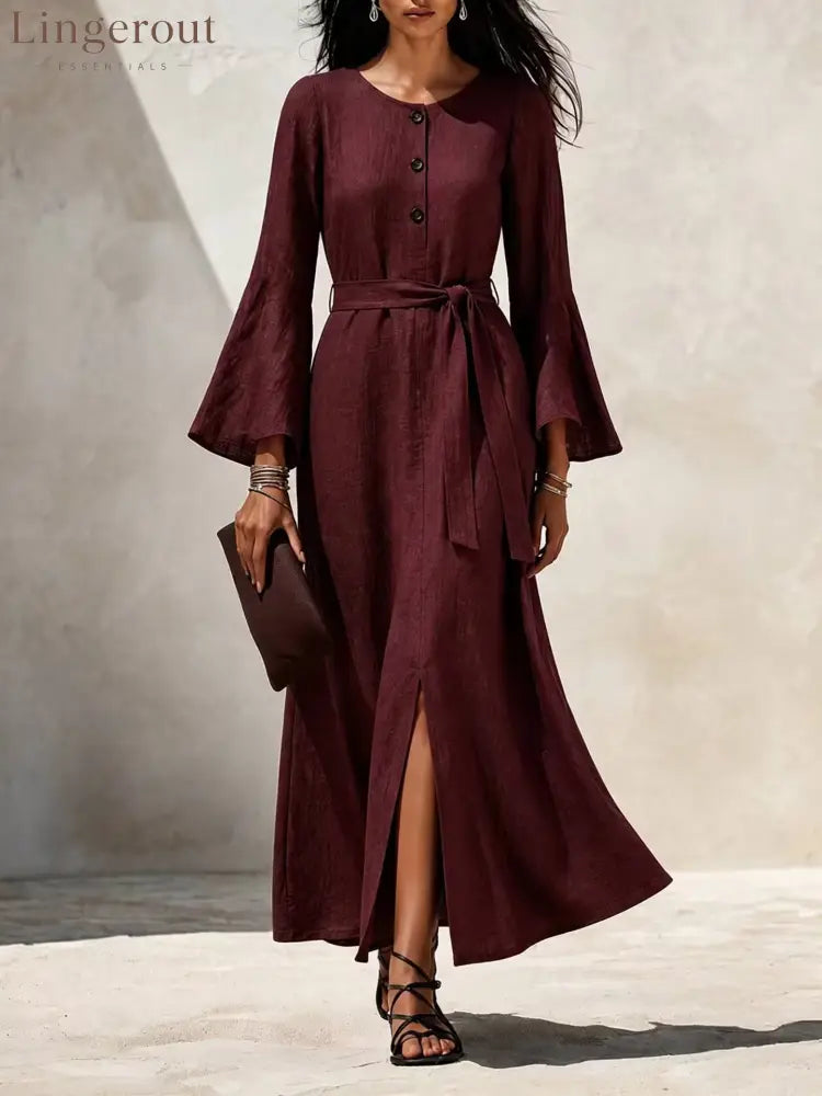 Linen‑Blend Flare‑Sleeve Maxi Dress - burgundy / S