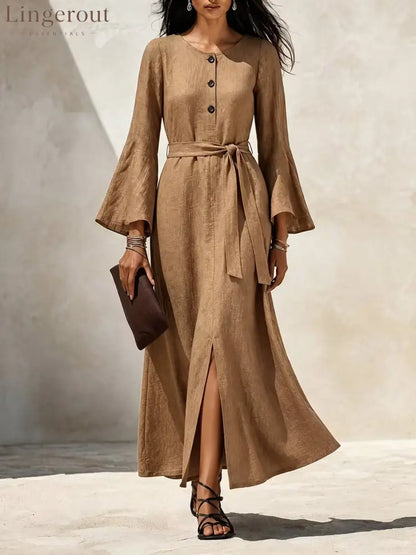 Linen‑Blend Flare‑Sleeve Maxi Dress - chocolate brown / S