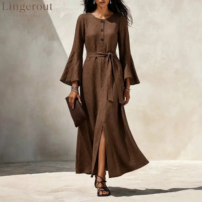 Linen‑Blend Flare‑Sleeve Maxi Dress - dark brown / S