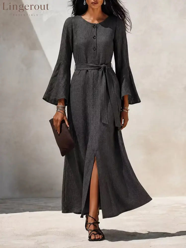 Linen‑Blend Flare‑Sleeve Maxi Dress - gray / S