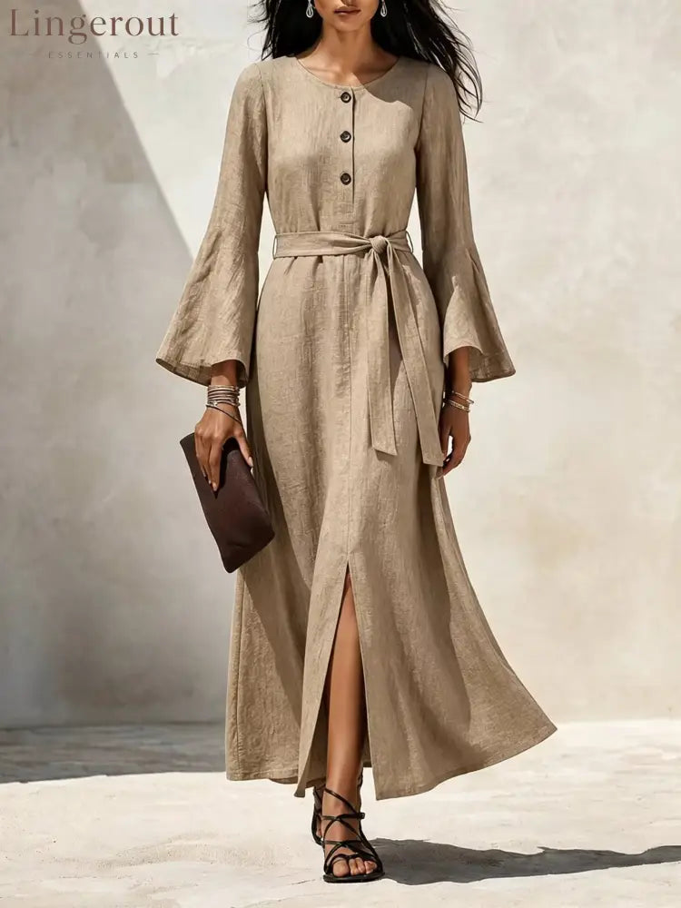 Linen‑Blend Flare‑Sleeve Maxi Dress - khaki / S