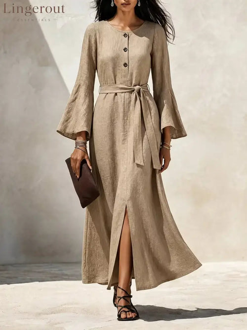Linen‑Blend Flare‑Sleeve Maxi Dress - khaki / S