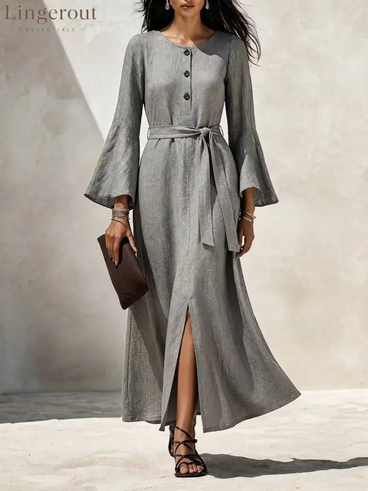 Linen‑Blend Flare‑Sleeve Maxi Dress - light grey / S
