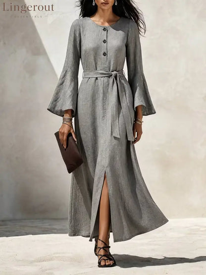Linen‑Blend Flare‑Sleeve Maxi Dress - light grey / S