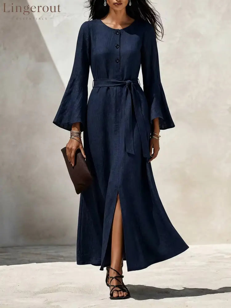 Linen‑Blend Flare‑Sleeve Maxi Dress - navy blue / S