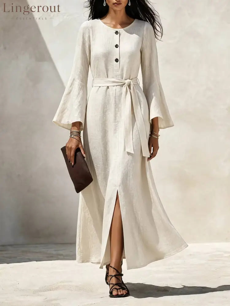 Linen‑Blend Flare‑Sleeve Maxi Dress - white / S