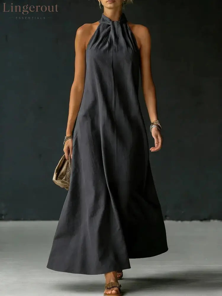 Linen-Blend Halter Neck Maxi Dress - Black / S