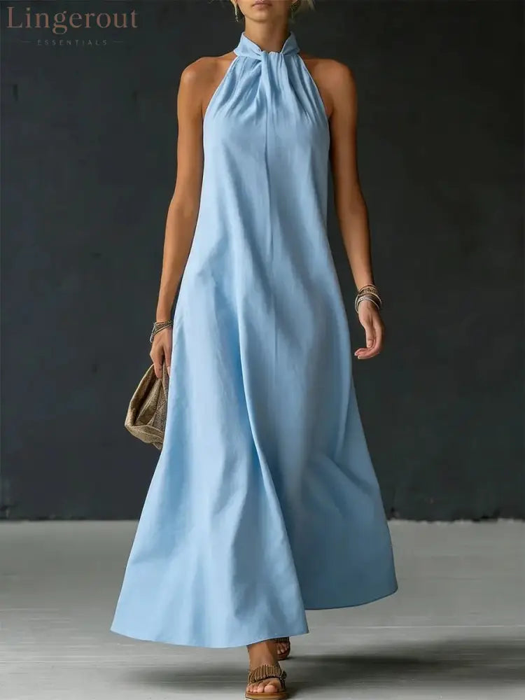 Linen-Blend Halter Neck Maxi Dress - Blue / S