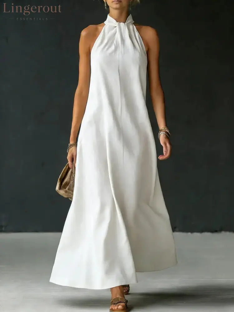 Linen-Blend Halter Neck Maxi Dress - White / S