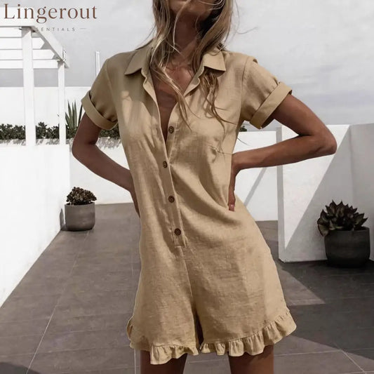 Linen Blend Lapel Shirt Ruffle Hem Short Romper Jumpsuit