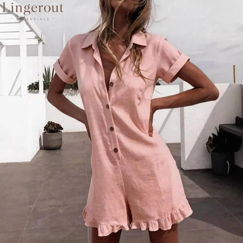Linen Blend Lapel Shirt Ruffle Hem Short Romper Jumpsuit