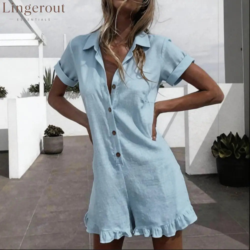 Linen Blend Lapel Shirt Ruffle Hem Short Romper Jumpsuit